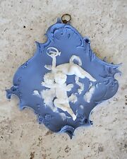 Antique Volkstedt German Blue Jasperware Plaque Kissing Cherubs Baton Mark  picture