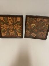 Pair Of VTG Floral Wall  Art Plaques Marquetry Flowers-? -8.25” Brown Tones picture