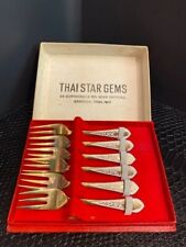 VTG Thai Star Gem Fruit Fork Set of 6 in Original Box Gold Tone w/ White Enamel picture