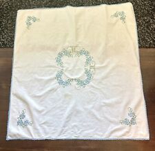Vintage White Tablecloth  Blue Green Hand Embroidered Flower Design 42” X 40” picture