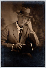 Original Old Vintage Studio Real Photo Picture Image Gentleman Suit Hat Book picture