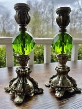 2 Vintage Hollywood Regency Green Lucite & Metal Candlesticks Candle Holders picture