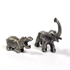 Vintage Miniature Pewter African Animals Hippo, Hippopotamus, Elephant, Trunk Up picture