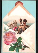 1880s-1890s Victorian Trade or Greeting Card 3 Puppies in Envelope Rose Embossed picture