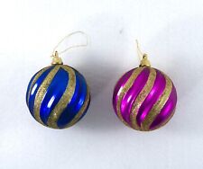 2 Christmas Ornaments Swirled Glass Shiny w/Glitter Large Round 3.25