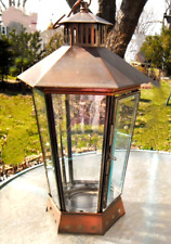 Vintage Copper Hanging Lantern Candle Holder Beveled Glass Panel Encased 16