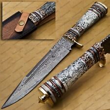 Handmade Damascus Steel Mosaic Bowie Knife Hunting Knife with Bone Handle Sheath picture