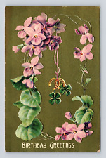Embossed Antique Postcard Birthday Greetings Pink Flowers Horseshoes Old 1908 picture
