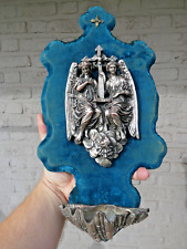 Antique French large Holy water font plaque angels rare velvet religious picture