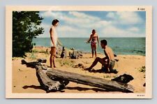 Postcard Greetings from Morton Illinois Family on Beach, Vintage Linen L8 picture