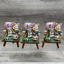 1990s Hermitage Pottery 3 Easter Bunny Ceramic Plaque On Wooden Easle Spring picture