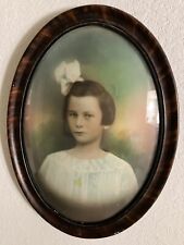 Antique Tiger Wood Oval Frame Convex Bubble Glass With Young ￼Girl Photo Picture picture