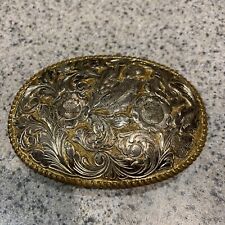 El Arturo Vintage Crumrine Ornate Heavy Silver Over Bronze Belt Buckle 4.25 In picture