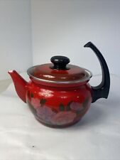 Rare Small Vintage Tea Kettle red floral, Enamel Unknown Brand picture