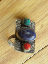 LAPIS, CORAL, TURQUOISE STERLING SILVER RING SZ 8 -1/2 VINTAGE SIGNED picture
