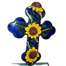Vintage Sunflower & Cobalt Blue Mexico Red Clay Pottery Cross Nice picture