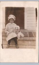 YOUNG GIRL & PET POODLE real photo postcard rppc toy dog great portrait picture