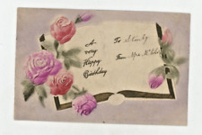 Vintage  Postcard BIRTHDAY PINK ROSES   BOOK     GOLD   RAISED RELIEF  UNPOSTED picture