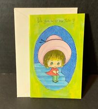 VTG 1970 “The Little Ones” Miss You Card UNUSED Cute Girl Big Pink Hat on Stairs picture