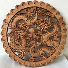 26.5cm Chinese Camphor Wood Hand Carved Dragon Statue Wall Sculpture Plate Decor picture