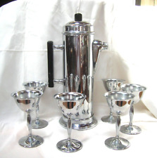 Vintage-1940/50s-Stainless Chrome Martini Set-6 Stemmed Cups-Bakelite Handle-Top picture