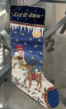 VTG Let it Snow Wool & Velvet Needlepoint Christmas Stocking Snowman Reindeer picture