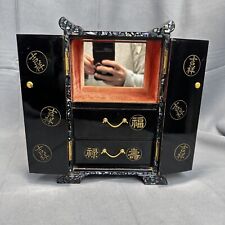 Vintage Japan Black Lacquer Jewelry Chest Box Abalone Inlay Hand Painted 6.5