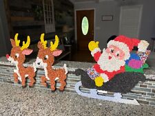 Vintage Melted Plastic Popcorn Santa in Sleigh & 2 Rudolph Red Nose Reindeer Art picture