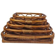 5 Boho Chic Nesting Sculpted Bamboo Woven Rattan Baskets Serving Trays Vintage picture