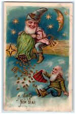 1907 Happy New Year Elves Gnomes Caching Coins Horseshoe Embossed Postcard picture