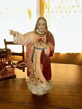 Large Antique 19C. Painted Wood Carved Jesus Sacred Heart Glass Eyes Eyelashes picture