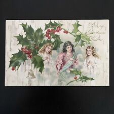 Winsch Christmas Postcard Embossed Angelic Girls Holly Berries Bell c1907 picture