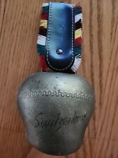 X-Large Antique Swiss Brass Cow Bell Leather Strap Fringe 7.5 In. picture