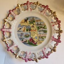 Vintage Florida Plate Pink Gold Scallop Edge Map Souvenir Ceramic Plate Retro picture