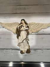 Vintage Arch Angel Wings Spread With Trumpet Wall Decor Gold White 8X13 Inches picture