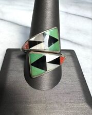 NATIVE AMERICAN ZUNI 925 STERLING SILVER GEMS INLAYED BYPASS RING ,ADJUSTABLE picture