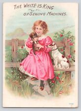 Victorian Trade Card White Is King Of Sewing Machines Girl & Puppies Dogs c1890 picture
