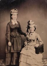 C.1870s Tintype 2 Gorgeous Women In Victorian Dress Hats Tinted Cheeks T74 picture