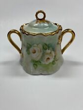 Antique Hutschenreuther Gelb LHS Germany Lidded Sugar Bowl Blush Roses Gold picture