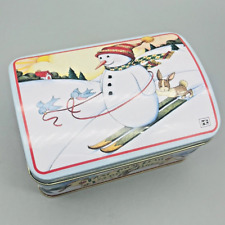 Mary Engelbreit Christmas Tin Gift Box Skiing Snowman Hinged Dome Lid Americana picture