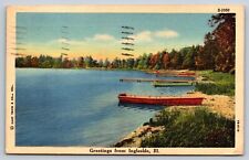 Greetings From Ingleside Illinois Postcard Linen Lake Boat Menomonee Falls Post picture