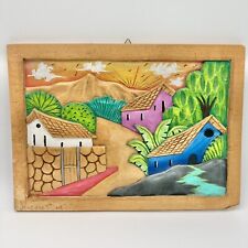 Vtg Folk Art Wall Hanging Nicaragua Hand Carved Painted Wood Bas Relief Panel picture