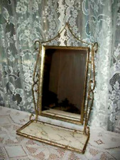 RETRO BATH VANITY SHELF MIRROR GOLD METAL MARBLE FORMICA SCROLLED GLAM 1950s picture