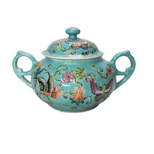 Antique Chinese FAMILLE ROSE Porcelain Sugar Bowl Motif on a Turquoise Ground picture
