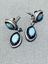 EXCEPTIONAL VINTAGE ZUNI BLUE GEM TURQUOISE STERLING SILVER DANGLE EARRINGS picture