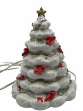 Vintage White Ceramic Mold Christmas Tree Lit Lights Red Bird Cardinal Gold Star picture