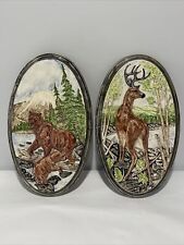 Vintage Holland Mold Two Wall Plaques Bear & Cub  And Deer Cabin Decor Oval picture