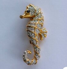 SIGNED SWAROVSKI SEAHORSE CRYSTAL PIN~BROOCH 22KT GOLD PLATING  RETIRED RARE  picture