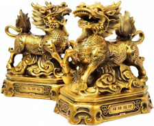 Feng Shui Set of Two Golden Brass Chi Lin/Kylin Wealth Prosperity Statue + Set o picture