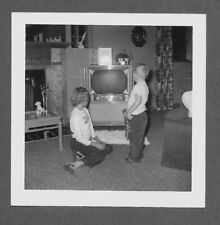 Vintage 1950s Photo Snapshot YOUNG BOY & GIRL STARING AT TURNED OFF TELEVISION picture